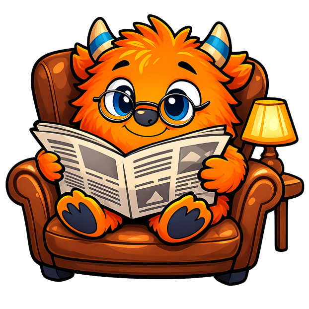 ChuckChat orange monster reading the news